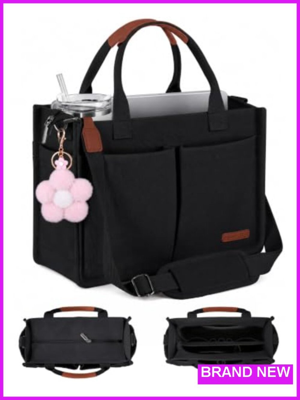 Canvas Tote Bag with Compartments, Zipper Top, Luggage Sleeve, Adjustable Strap
